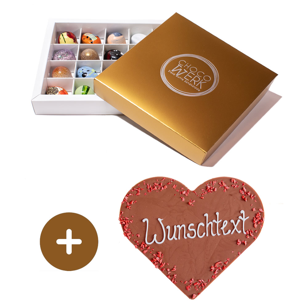 Set-Angebot 16er Pralinenbox + 1 personalisiertes Schokoherz 